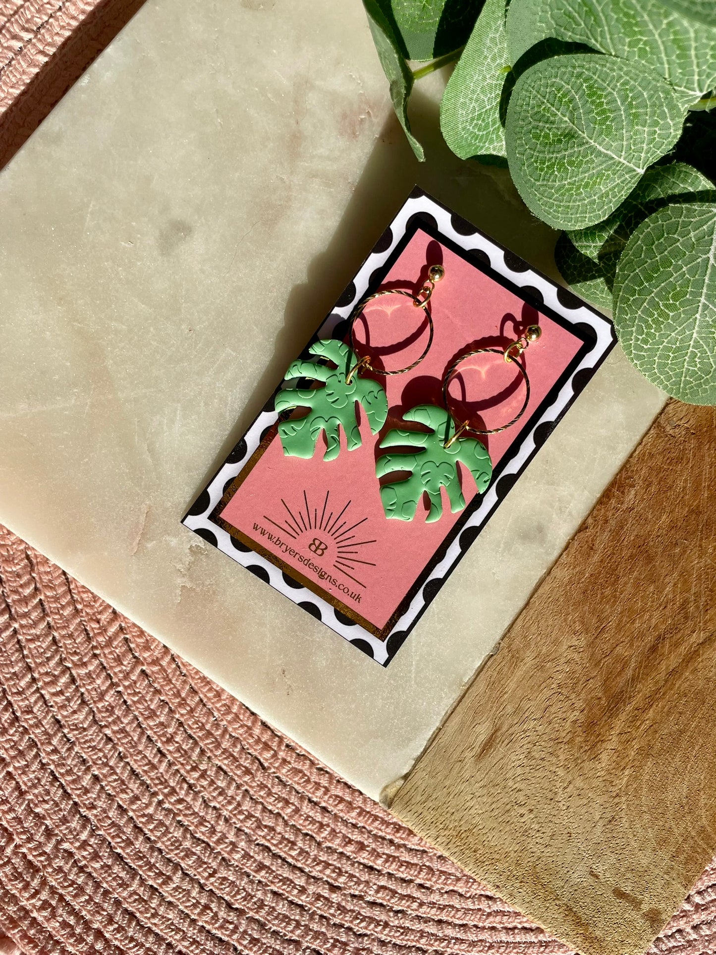 Monstera Leaf Statement Earrings with Gold Circle