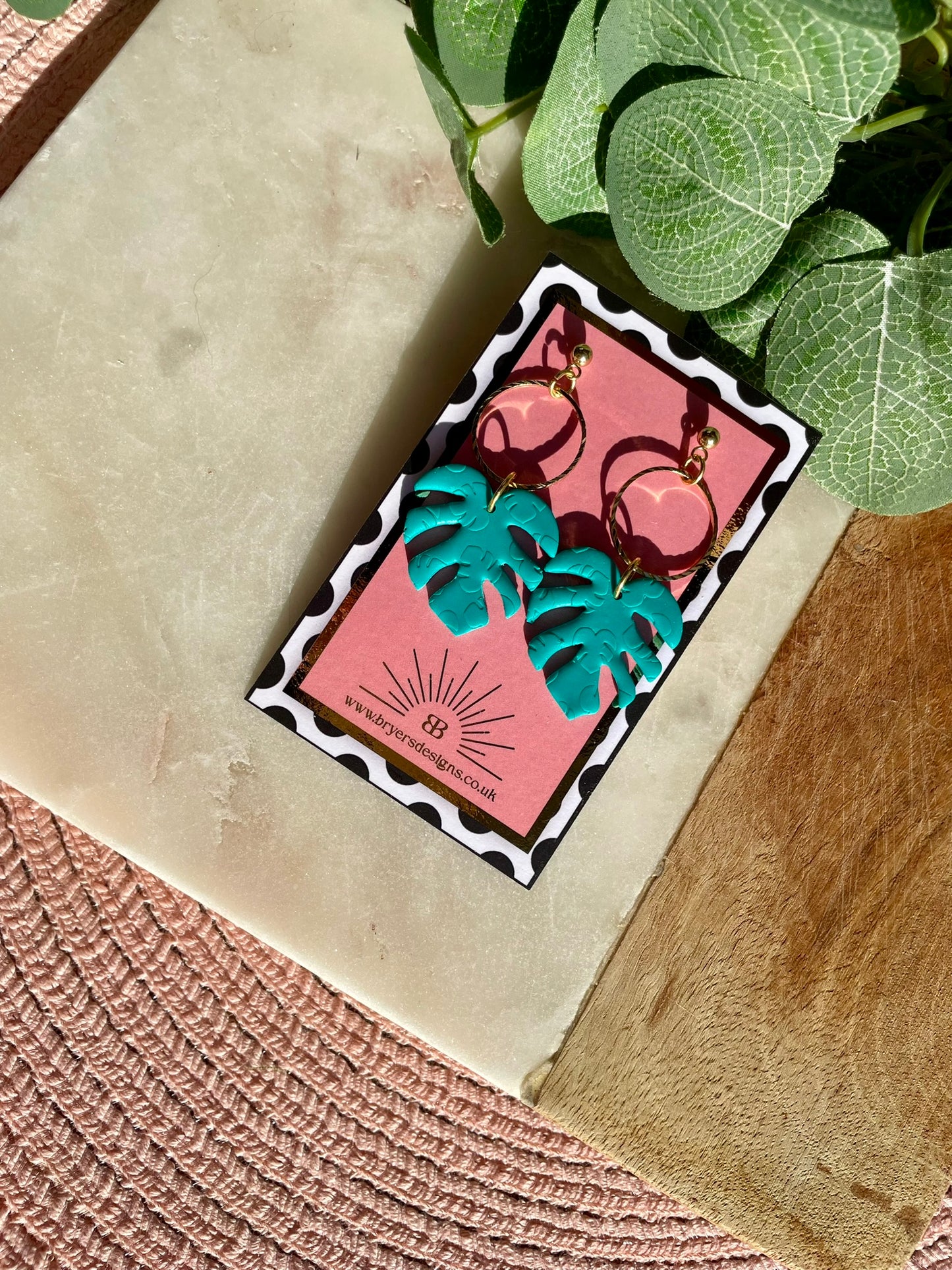 Monstera Leaf Statement Earrings with Gold Circle