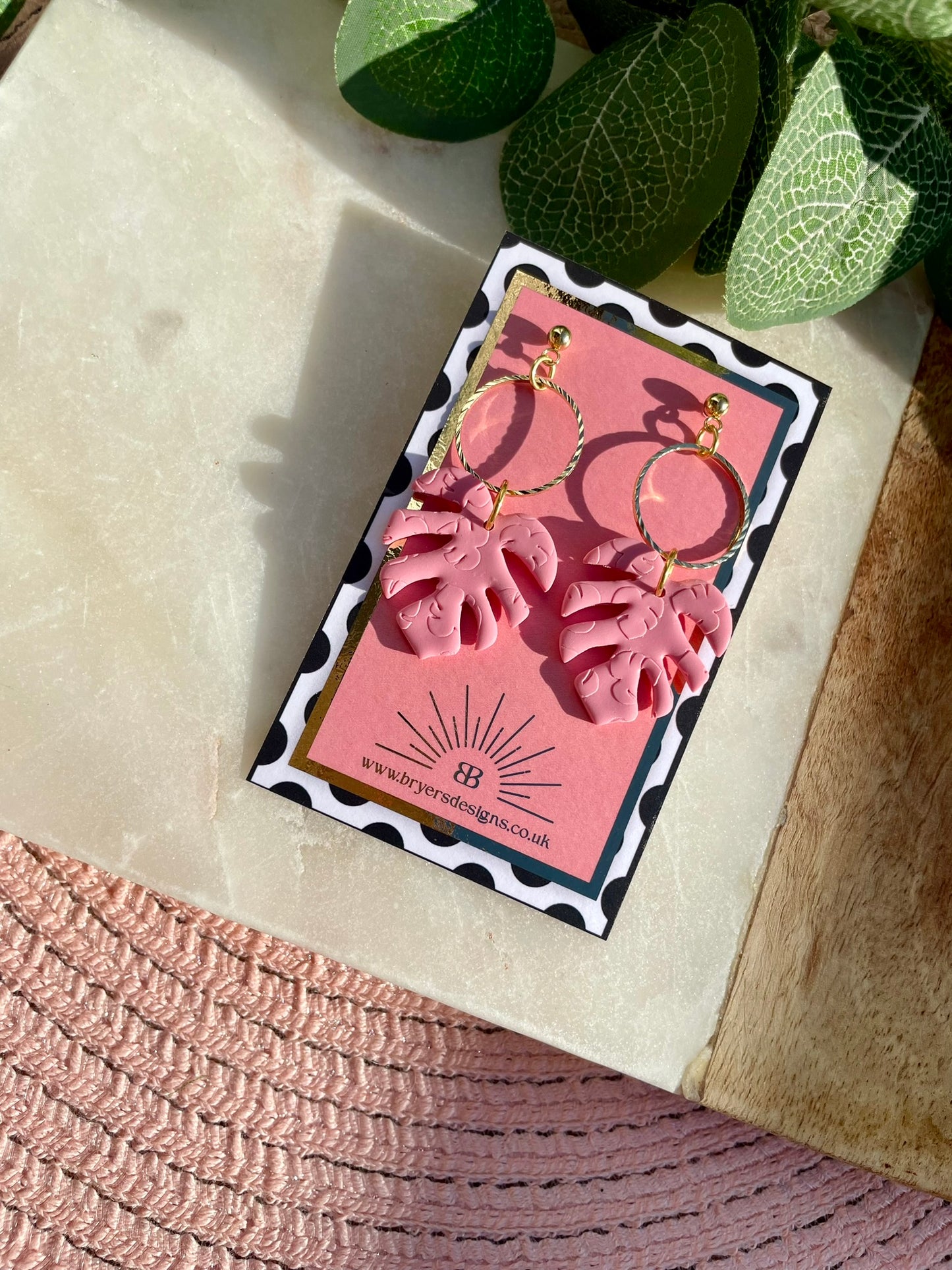 Monstera Leaf Statement Earrings with Gold Circle