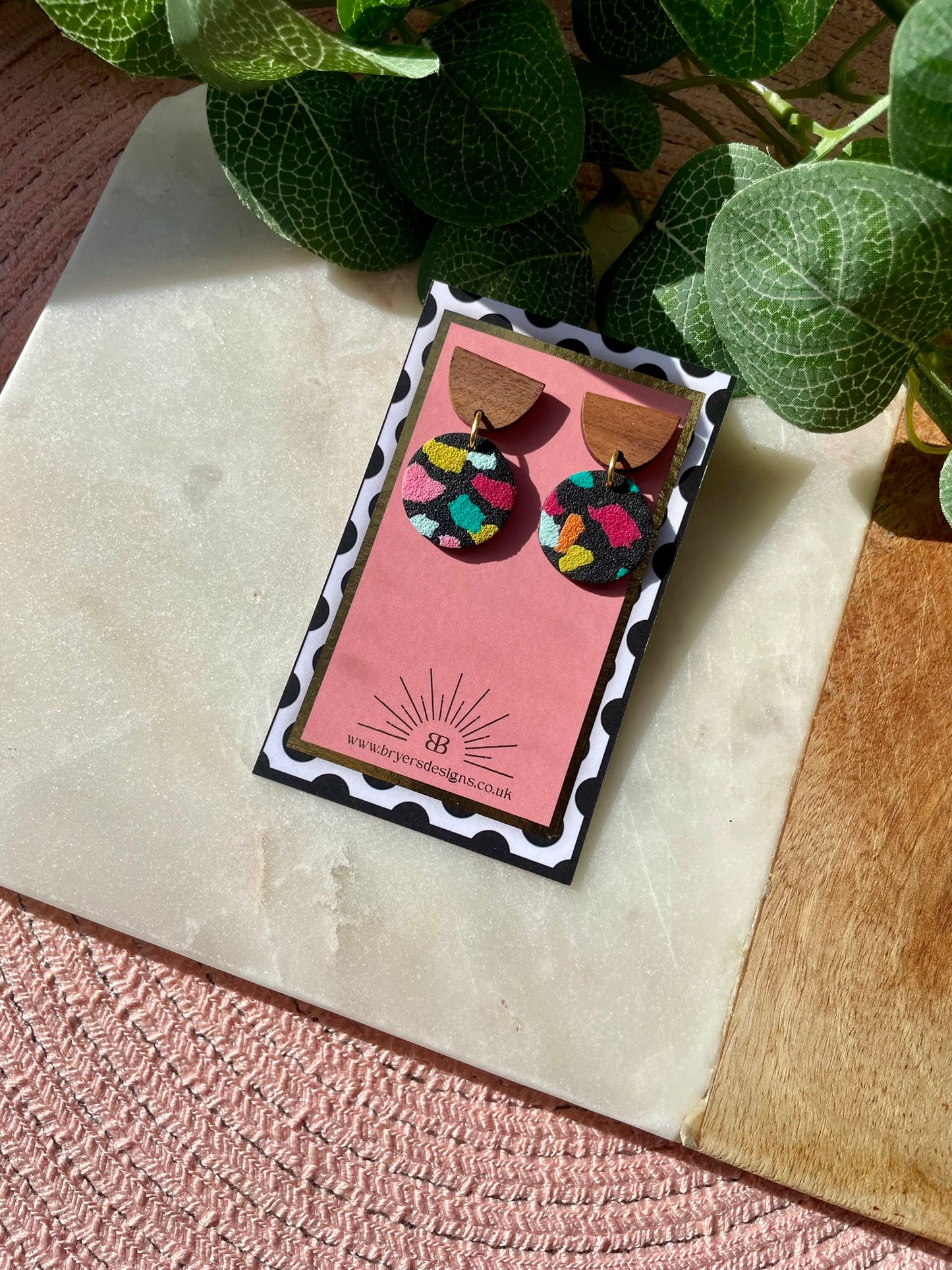 Black Tutti Fruitti Wooden Stud Dangle Statement Earrings