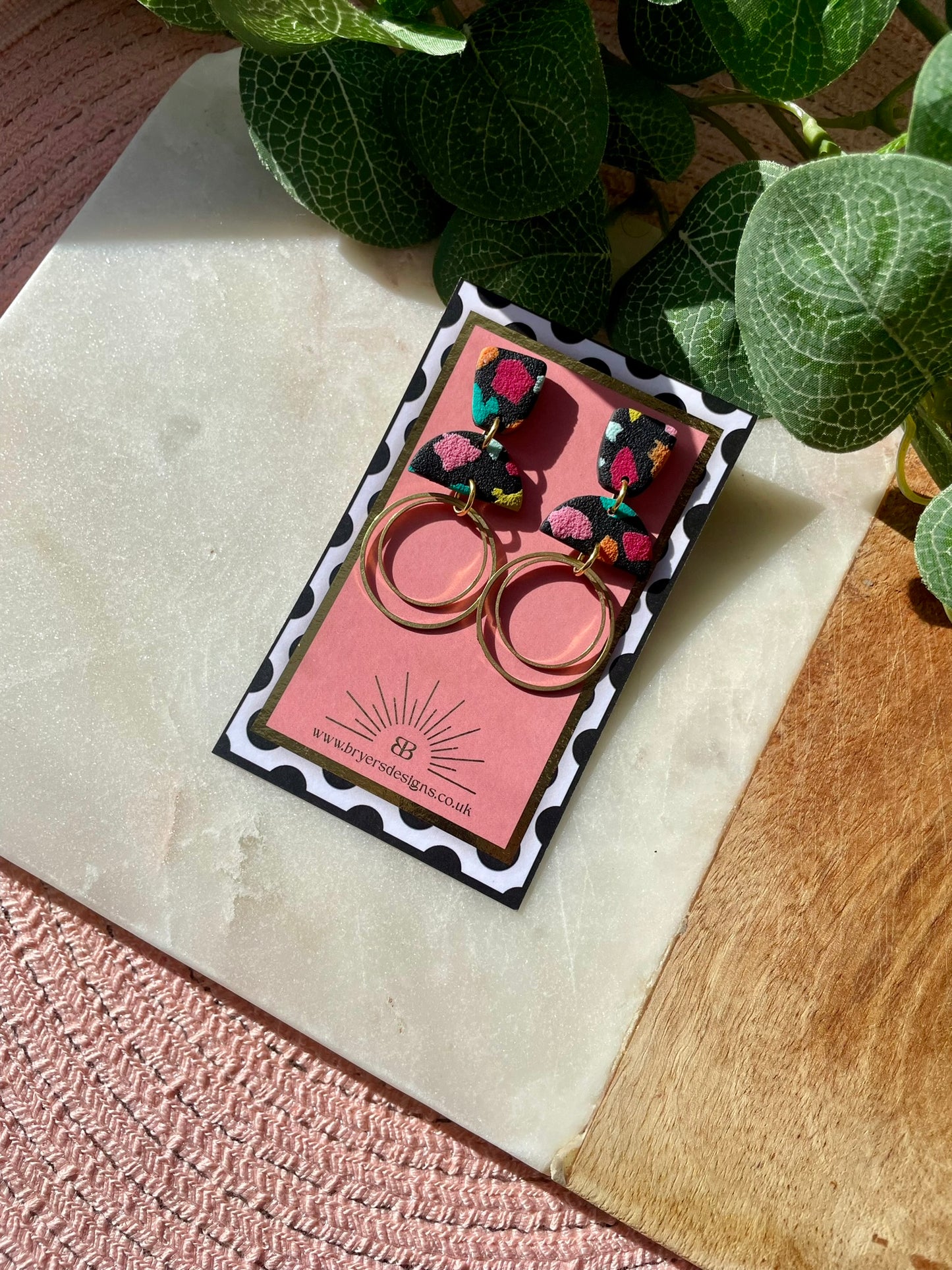 Black Tutti Fruitti Brass Circle Dangle Statement Earrings