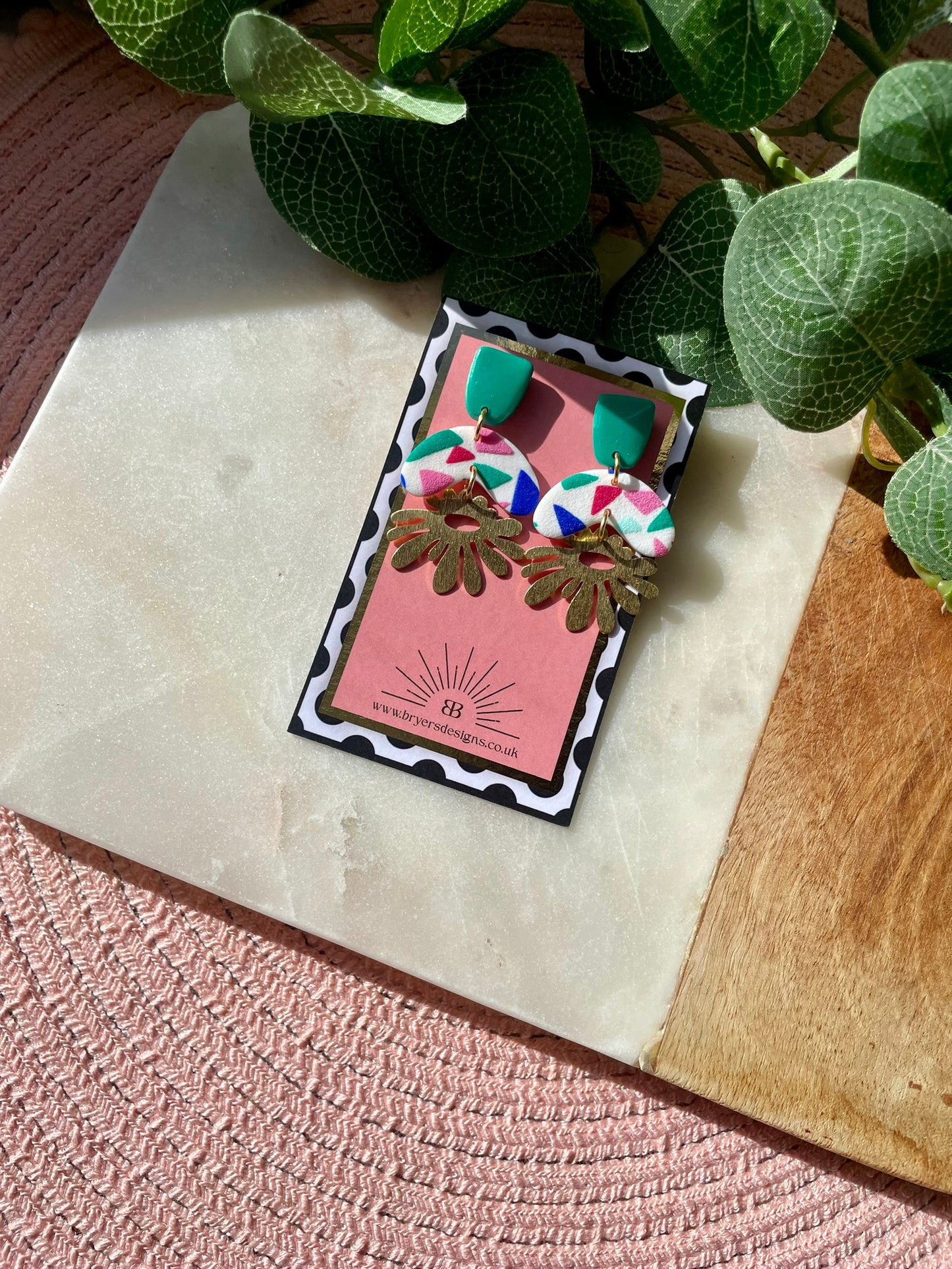 White Tutti Fruitti Brass Abstract Flower Dangle Statement Earrings