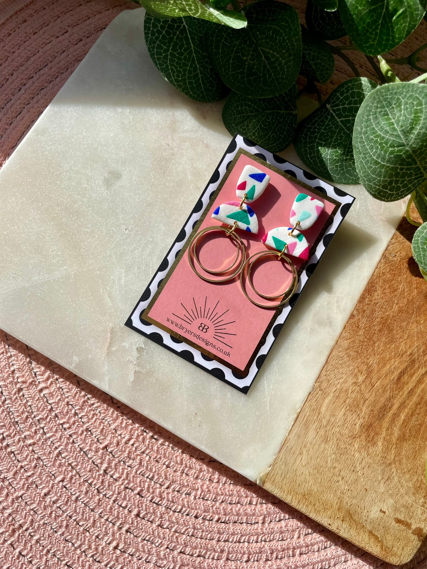 White Tutti Fruitti Brass Circle Dangle Statement Earrings