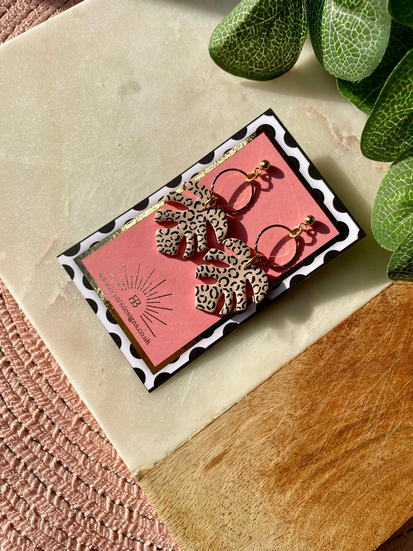 Neutral Leopard Print Monstera Leaf Statement Earrings