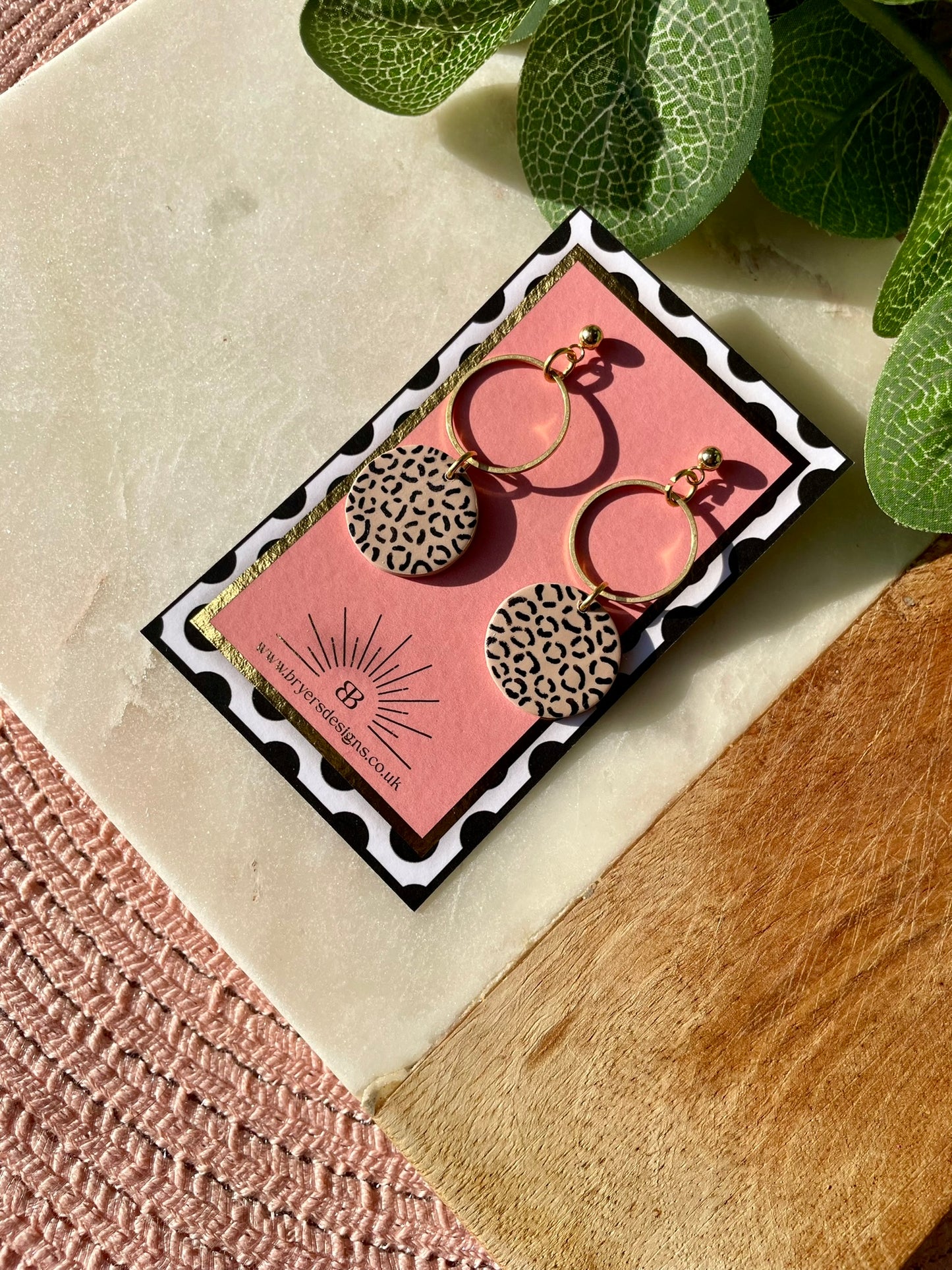 Neutral Leopard Print Brass Circle Statement Earrings