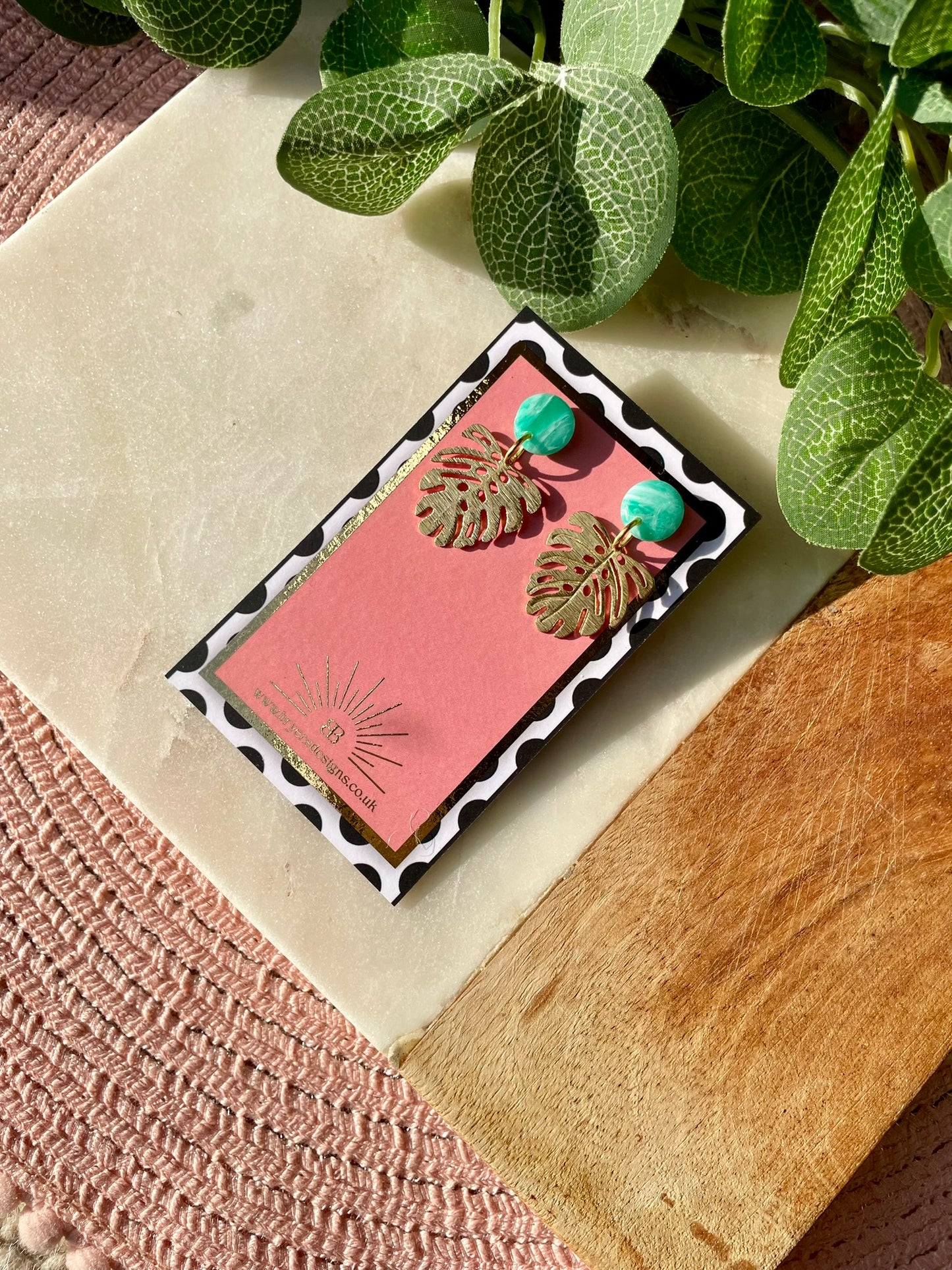 Turquoise Ocean Vibes Gold Monstera Leaf Statement Earrings