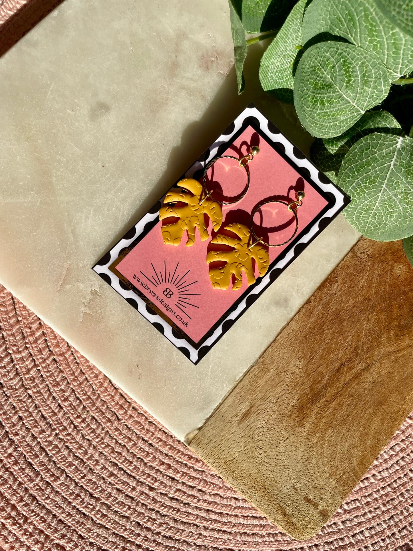 Monstera Leaf Statement Earrings with Gold Circle